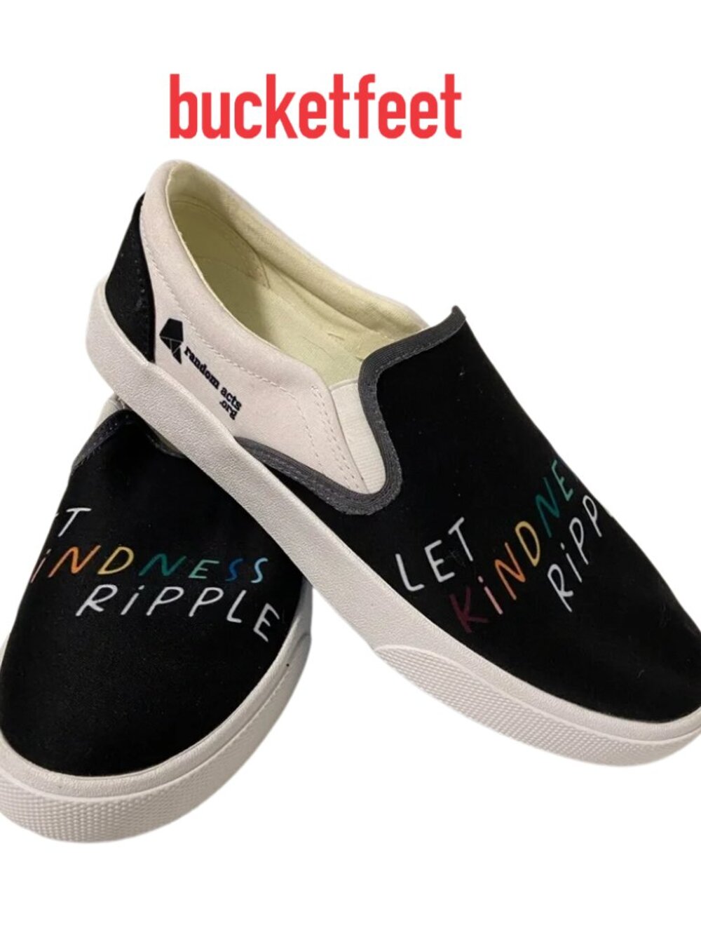 Bucketfeet black slip on “let kindness ripple” shoes — size 7.5